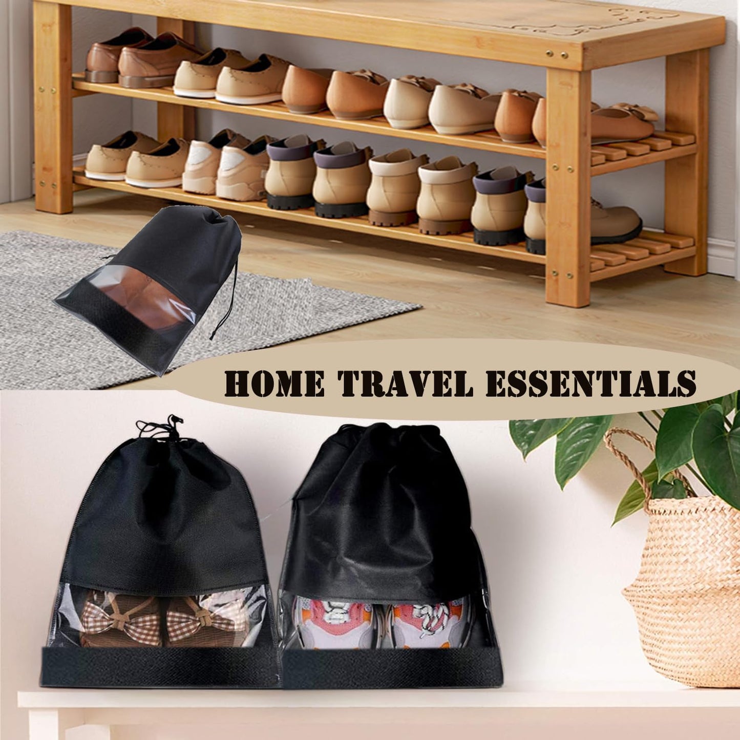 12pcs Non-woven Shoe Bags for Travel 12.6" X 17.3" Portable Shoe Bags with Clear Window, Large Drawstring Dustproof Travel Shoe Storage Bag for Men & Women, Black,XL Size