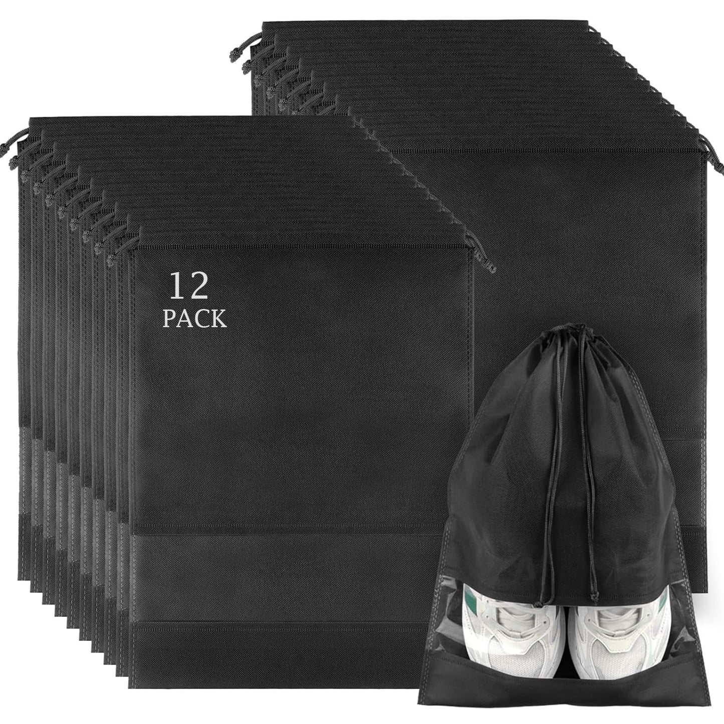 12 Pack Shoe Bags for Travel, Large Travel Shoe Bags for Packing with Clear Window, Dustproof Drawstring Travel Shoe Storage Bags Travel Essentials for Men & Women, White