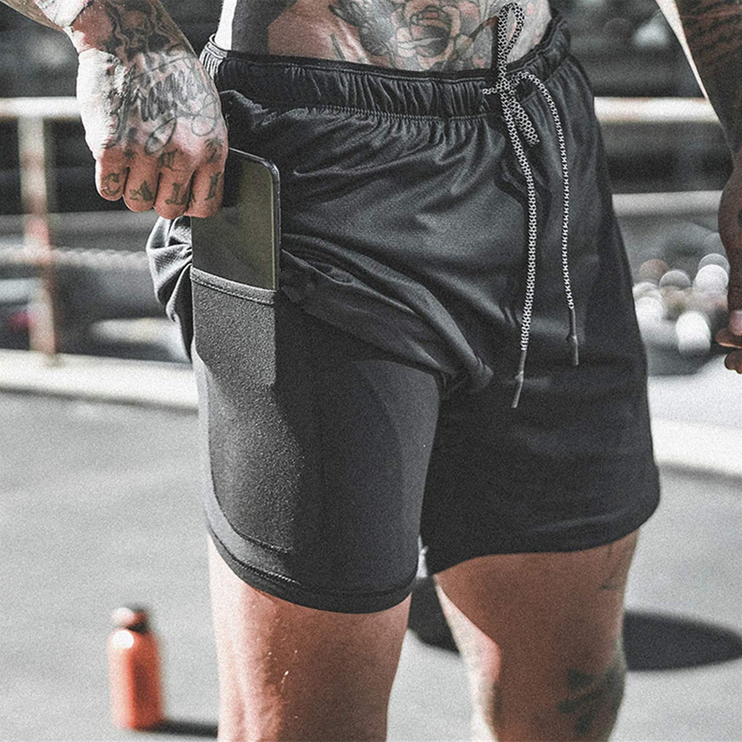 Leidowei Men's 2 in 1 Workout Running Shorts Lightweight Training Yoga Gym 7" Short with Zipper Pockets Black Fluorescent L