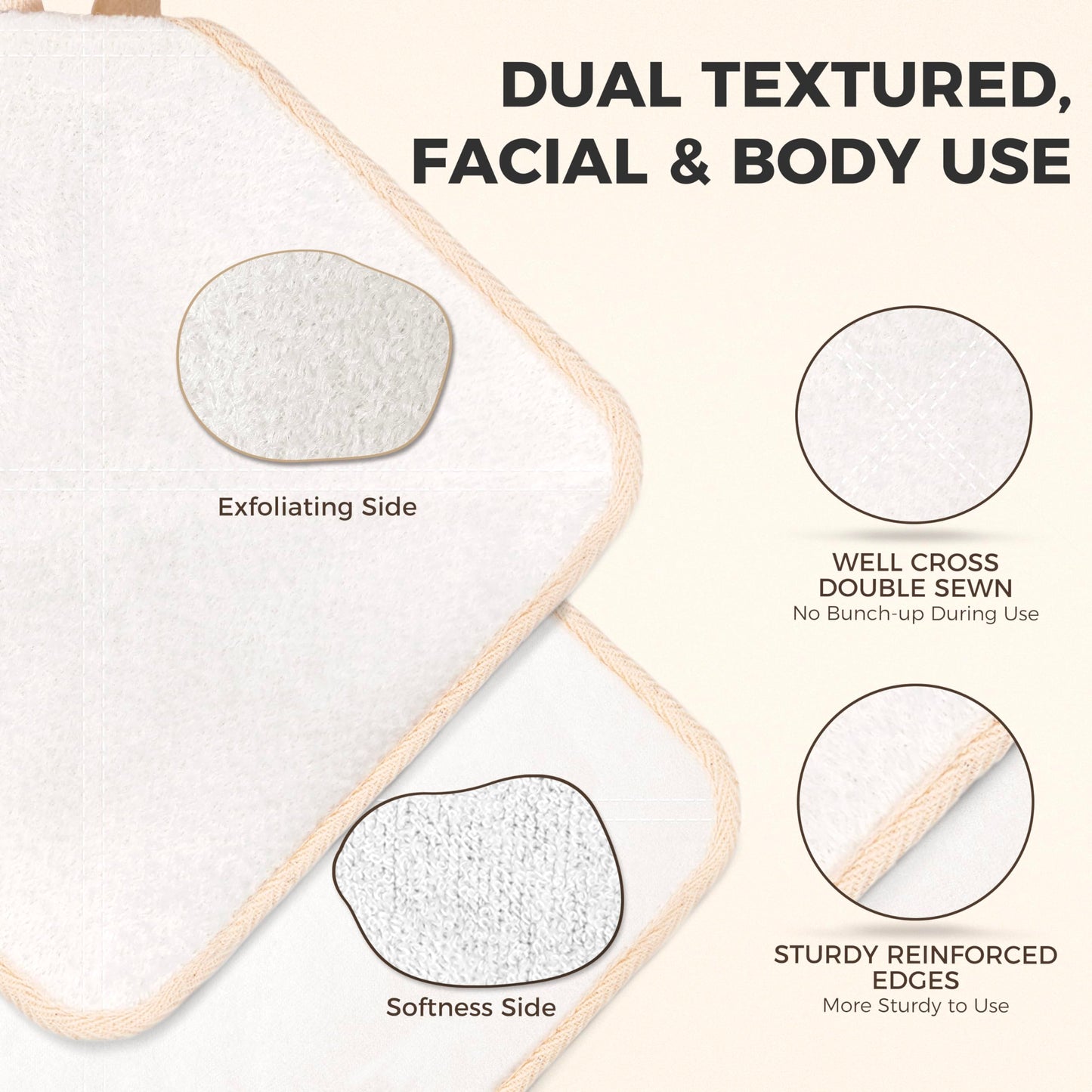ZOMCHI Exfoliating Washcloth for Face and Body, Dual Function Wash Cloth with Soft and Rough Sides, Exfoliating Scrub Bath Towels, Washcloth with Loop (White, 3 Pack)