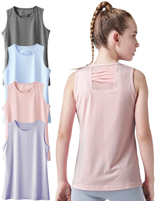 4 Pack Youth Girls Athletic Tank Tops Dry Fit Active Performance Tech Sleeveless Shirts (Set 4, Large)