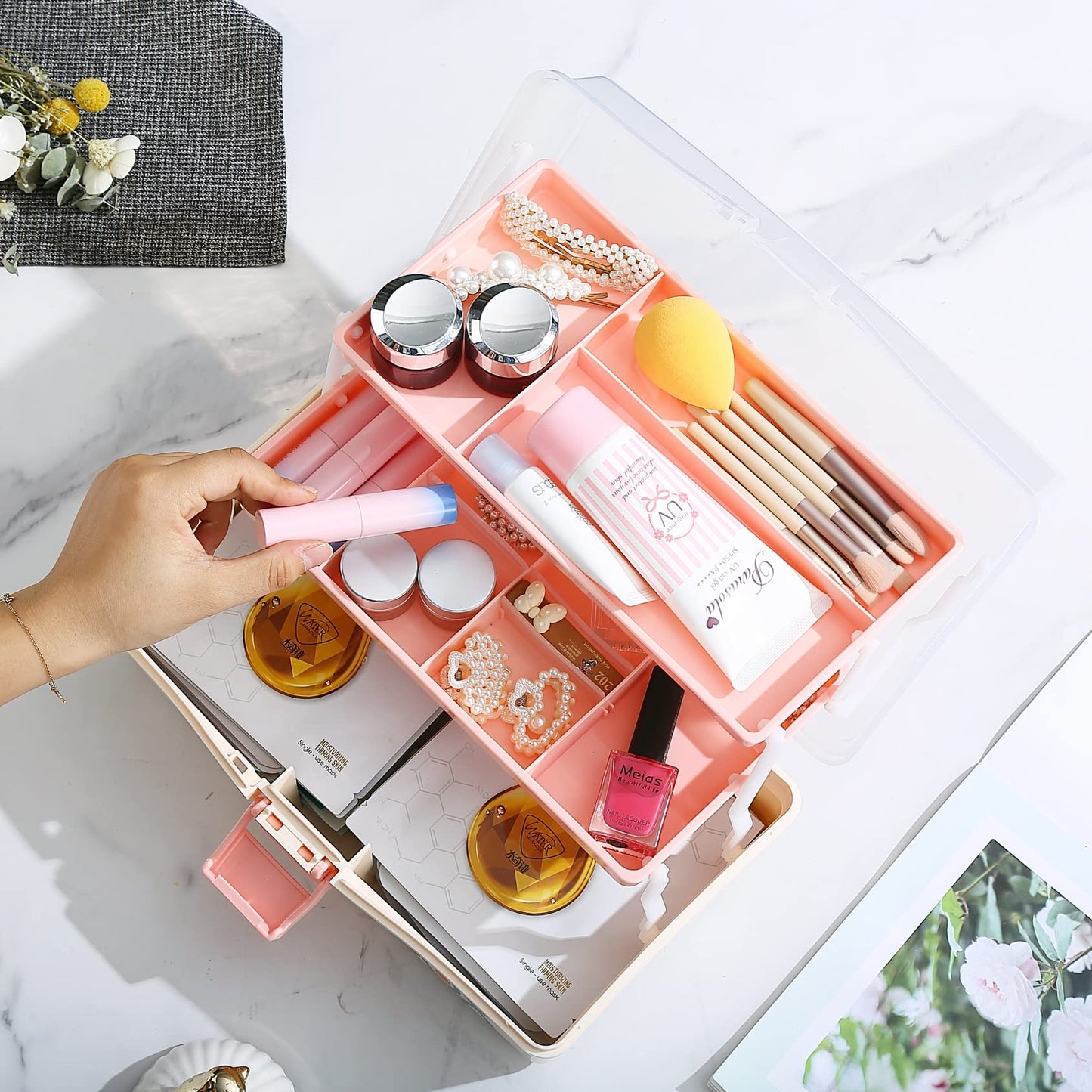 12'' Three-Layer Clear Plastic Storage Box/Tool Box, Multipurpose Organizer and Portable Handled Storage Case for Art Craft and Cosmetic (White)