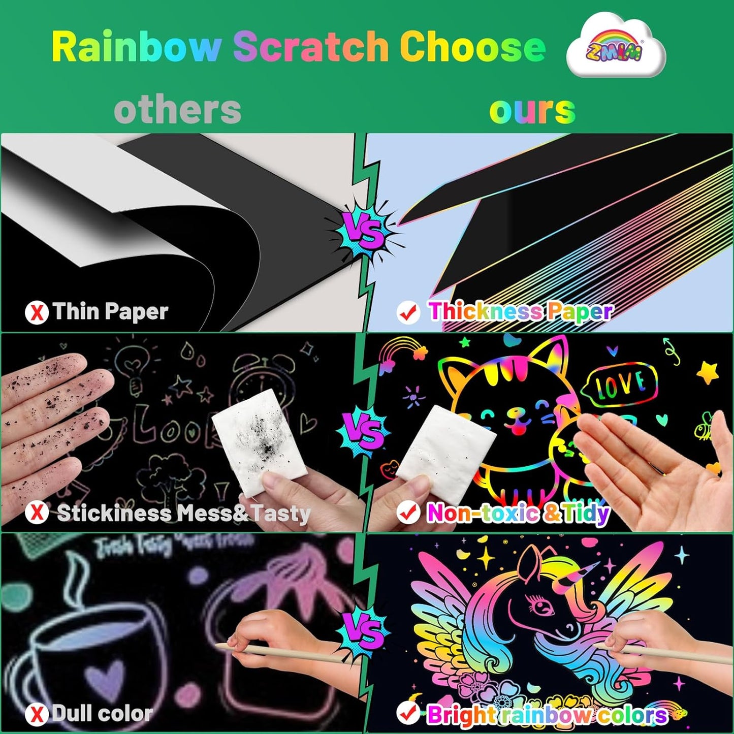 ZMLM Scratch Paper Art Craft: 2 Pack Rainbow Scratch Set for 3 4 5 6 7 8 9 10 Years Old Girls Boys Students Drawing Coloring Black Magic Art Supplies Kits Gifts School Birthday Party Games Toys